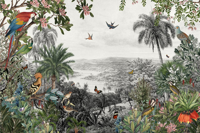 Papel pintado vinilo paisaje selva lago y aves tropicales